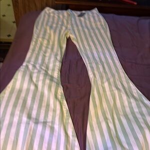 Peach Love California Green and White Striped Flare Jeans